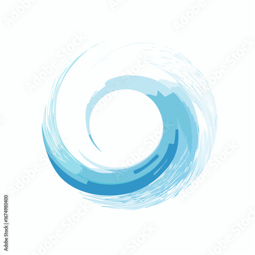 A stylized blue circular brush stroke effect with layered segments creating a dynamic, abstract vortex or whirlpool design on a white background.