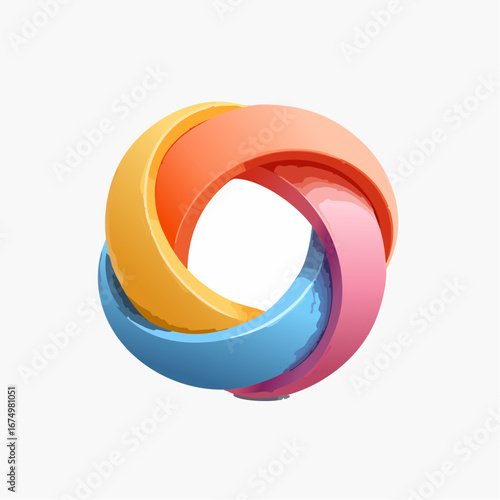 Interlocking ring structure with orange, yellow, blue, and pink segments, creating a continuous loop on a white background.