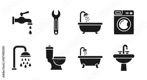 Black Silhouette Icons of Bathroom and Plumbing Fixtures including Toilet, Bathtub, and Faucet