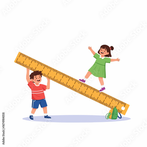 Two cheerful children playfully use a giant ruler as a seesaw, creating a whimsical and joyful scene.