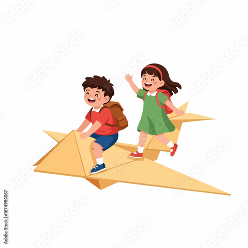 Two joyful children, backpacks on, ride a whimsical paper airplane, soaring through an imaginative sky.