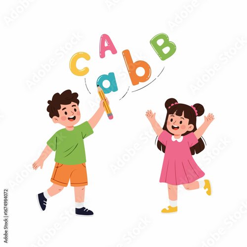 A boy joyfully uses a large pencil to conjure colorful letters as a girl excitedly watches, illustrating a playful and vibrant learning environment.