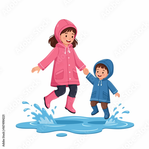 Two joyful children in raincoats hold hands, splashing happily in a puddle on a cheerful rainy day.