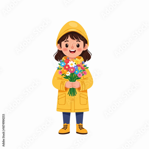 A cheerful girl in a yellow raincoat holds a vibrant bouquet of wildflowers, radiating springtime joy.