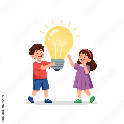 Two joyful children proudly present a giant glowing lightbulb, symbolizing a bright idea and collaborative discovery.