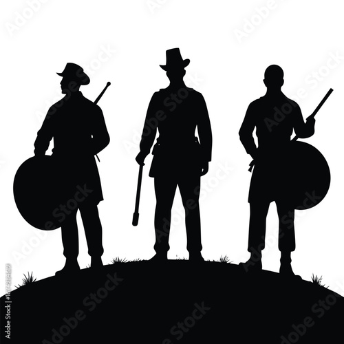 Three drummers in uniform silhouettes civil war historical