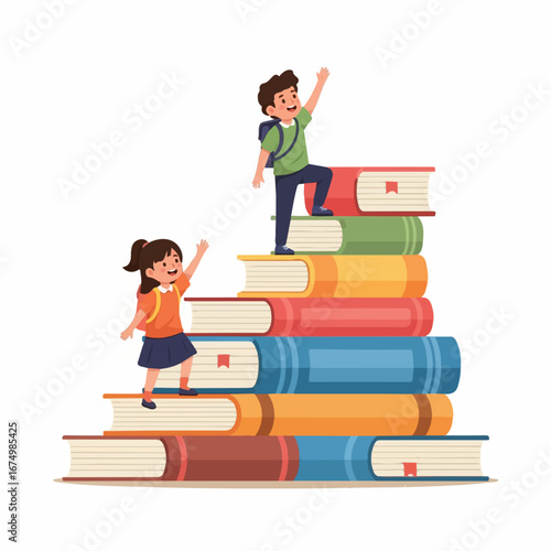 Two cheerful schoolchildren joyfully ascend a large stack of colorful books, symbolizing educational growth and achievement.
