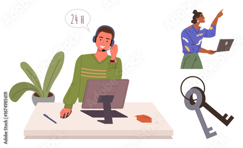 Man at desk wearing headset assisting customer, speech bubble with 24H, coworker holding laptop, large keys symbolizing access, security, and trust. Ideal for support, teamwork, availability trust