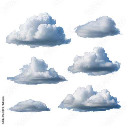 Collection of fluffy cumulus clouds isolated on transparent background, representing weather and atmosphere