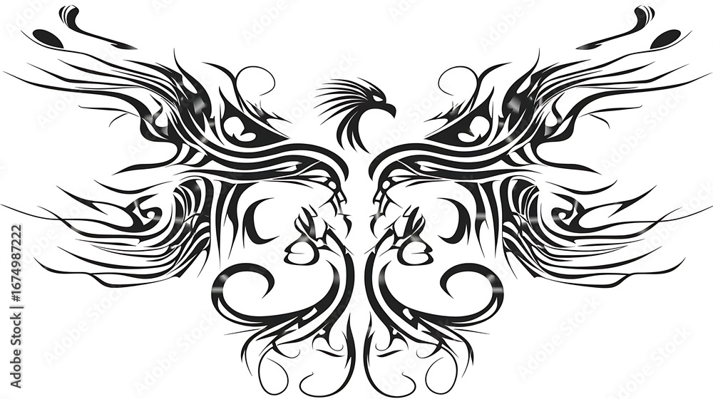 Fototapeta premium Artistic Black and White Tribal Phoenix Design with Flowing Lines