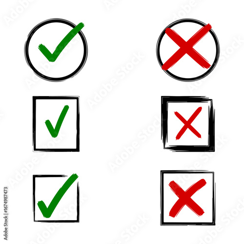 Hand-Drawn Check and Cross Marks Grunge Style Vector Set
