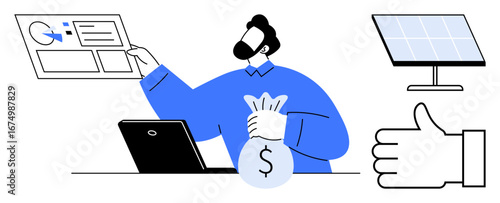 Man analyzing financial data on screen, holding money bag by laptop. Includes solar panel and thumbs-up. Ideal for finance, investment, sustainability, green energy, success, planning simple landing
