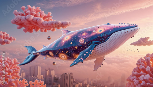 Surreal glass whale floating in a coral sky, blending fantasy nature with dreamlike abstract art.