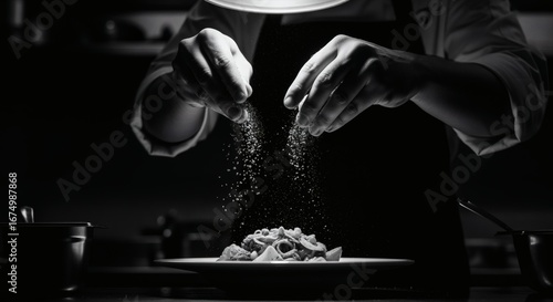 A low-angle, high-contrast black and white photograph of a chef's hands seasoning a dish with spices, illuminated by a single spotlight.