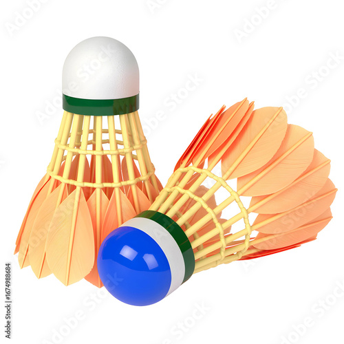 Two badminton shuttlecocks isolated on transparent background in a studio shot