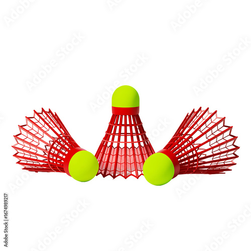 Three red badminton shuttlecocks isolated on transparent background in a group