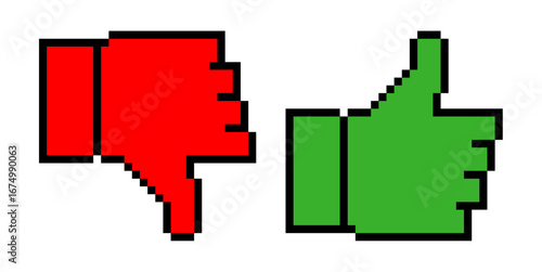 Pixel thumbs up and down icon vector for feedback, ratings, and approval. Useful for illustrating a like and dislike button in a fun, retro, 8-bit style.