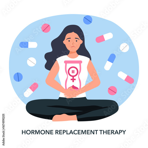 HRT or Hormone Replacement Therapy Acronym Vector Illustration with Treatment and Hormone Medication in Healthcare Cartoon Hand Drawn Templates