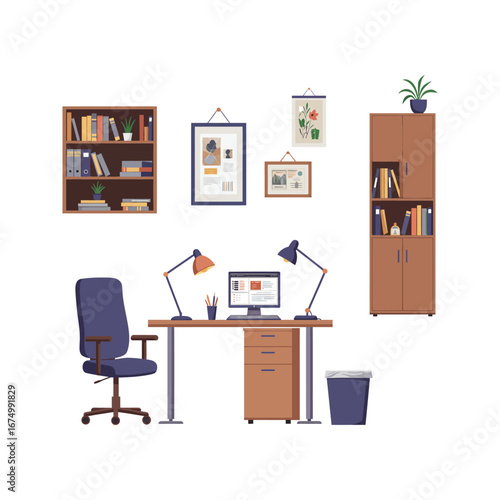 Cozy Home Office Setup Desk Chair Bookshelves and Decor