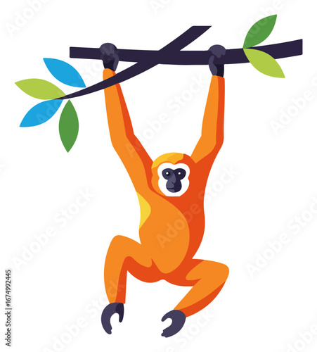 A vibrant illustration of a gibbon swinging from a tree branch, with colorful leaves.