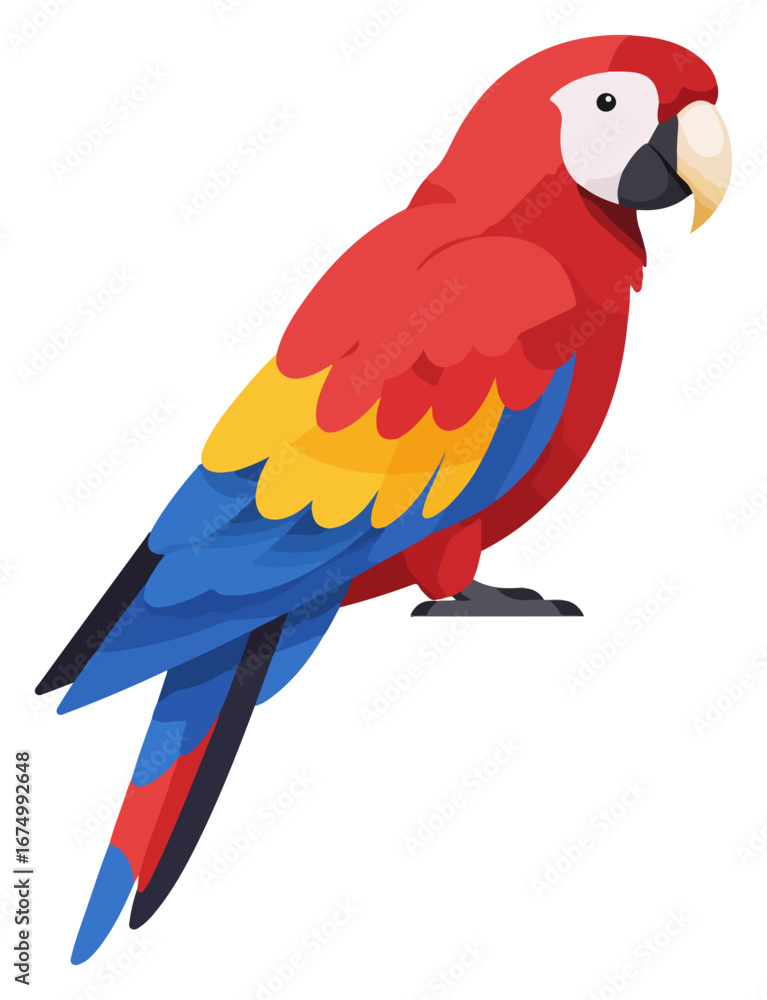 Fototapeta premium Illustration of a vibrant scarlet macaw parrot, showcasing its colorful plumage with red, yellow, and blue feathers.