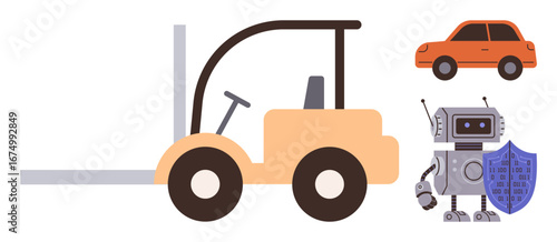 Forklift, orange car, robot holding shield. Ideal for automation, safety, logistics, robotics, transport innovation teamwork. Represents modern technologies as a simple flat metaphor