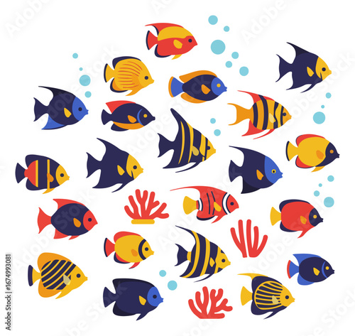Vibrant tropical fish and coral reef illustration, showcasing diverse aquatic life in a playful, colorful style.