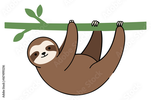 A cartoon sloth hangs upside down from a green branch, looking content.