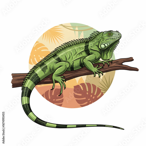 Vector illustration of a iguana sitting on a branch with tropical habitat background