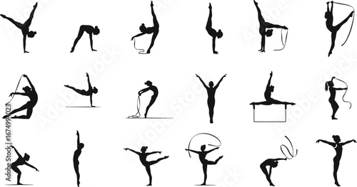 Gymnast silhouette vector, rhythmic gymnastics poses, female athlete movement, ribbon dance illustration, artistic gymnastic performance, balance strength flexibility clipart