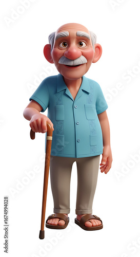 A charming 3D animated elderly man with a white mustache, smiling while holding a walking cane against a white background.