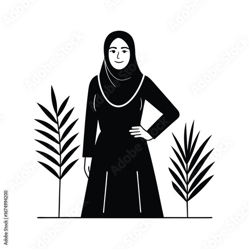 Elegant Muslim Woman in Black Hijab and Dress with Tropical Leaves - Vector Illustration