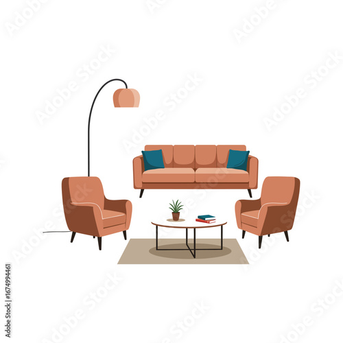 Modern living room furniture set sofa armchairs coffee table floor lamp illustration