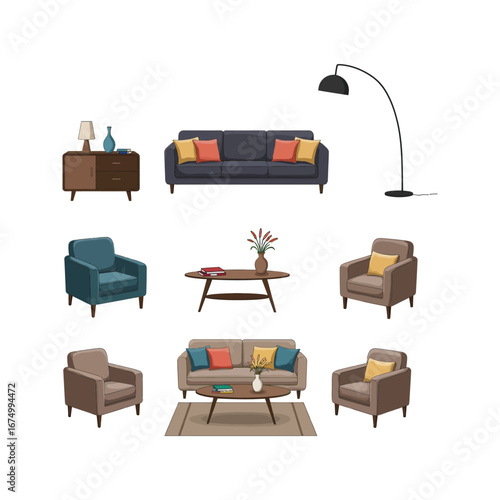 Modern Living Room Furniture Set Sofa Armchairs Coffee Tables Lamps and Decor