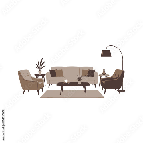 Modern living room interior design illustration sofa armchairs coffee table floor lamp plants neutral colors