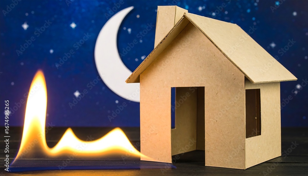 Fototapeta premium Cardboard house on fire at night
