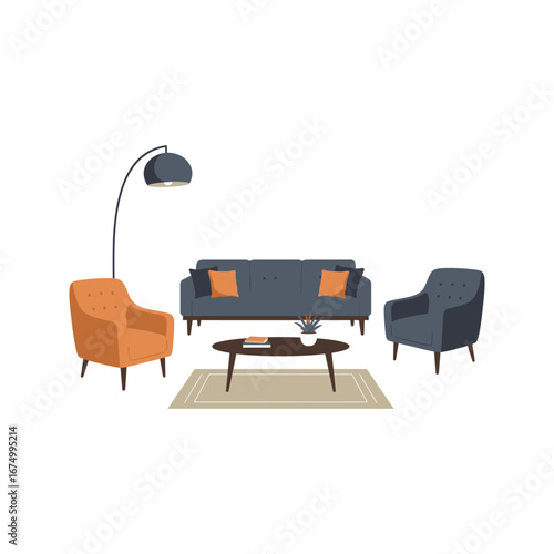 Modern Living Room Interior Design Sofa Armchairs Coffee Table Floor Lamp Rug