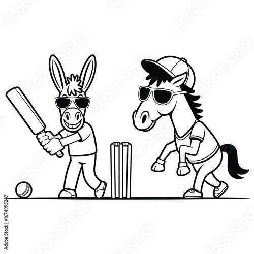 Cartoon donkey and horse playing cricket with bat ball and wickets sport game
