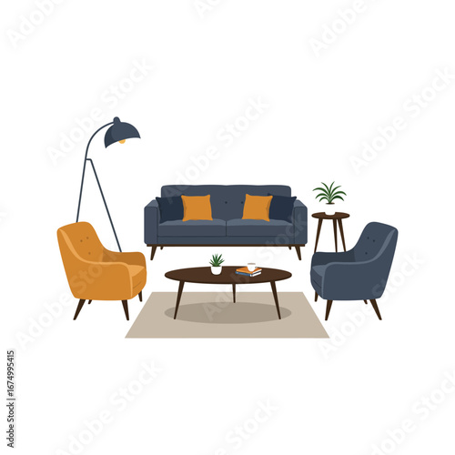 Modern Living Room Interior Design Sofa Armchairs Coffee Table and Floor Lamp