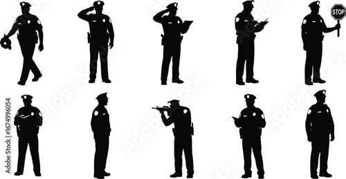 Police officer silhouettes standing, saluting, holding stop sign, aiming weapon, security personnel, law enforcement, public safety, uniformed police figures, crime prevention.