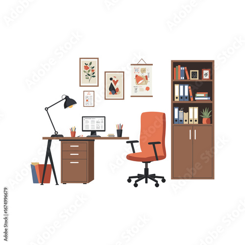 This image features a detailed vector illustration of a set of office furniture and business icons for interior room design