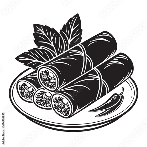 Black spring rolls Silhouette Vector, High Quality Illustration on White Background