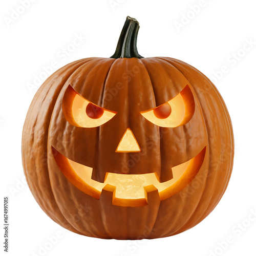 A carved halloween pumpkin with a scary face, glowing from within, isolated on a transparent background