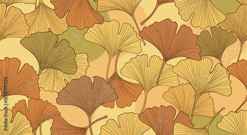 A seamless pattern of ginkgo biloba leaves in shades of yellow, orange, and brown.