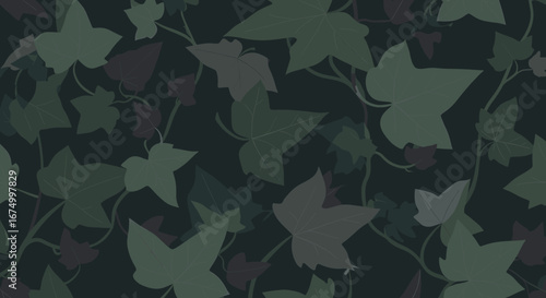 A repeating pattern of stylized ivy leaves in varying shades of green and gray, creating a textured background.