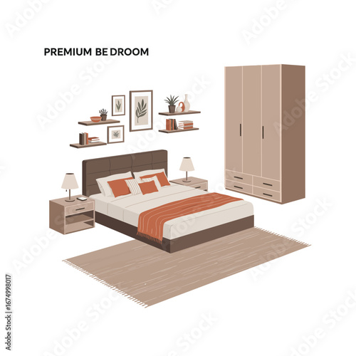 Modern apartment interior with stylish furniture and a wooden bookshelf in a well-designed living room
