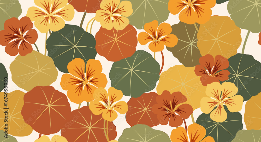 Obraz premium A vibrant pattern of nasturtium flowers and circular leaves in shades of orange, yellow, and green against a light background.