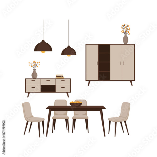 Luxury wooden dining chairs and table in a cozy home interior with a window