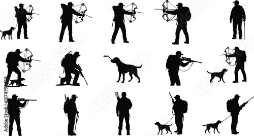 Silhouettes of hunters with bows, rifles, hunting dogs, archery, hunting gear, wildlife hunting, outdoor adventure, forest hunting, hunting with dog, aiming 