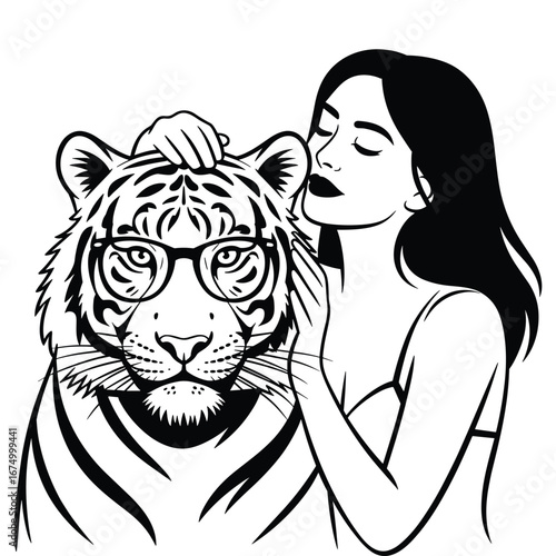 Woman embracing a tiger wearing eyeglasses girl female